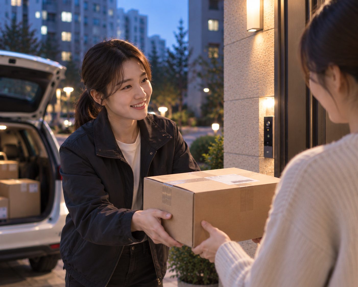 저녁 무렵 집 앞에서 배송 담당자가 기기 상자를 직접 건네는 순간