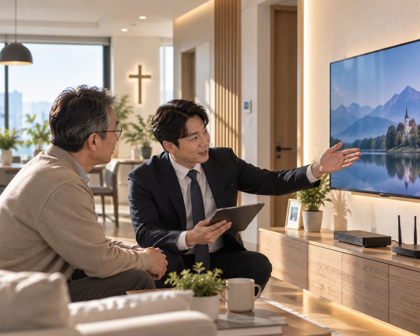 사택 거실에서 상담자가 인터넷·TV 설치와 이용 상황을 함께 살펴보는 모습